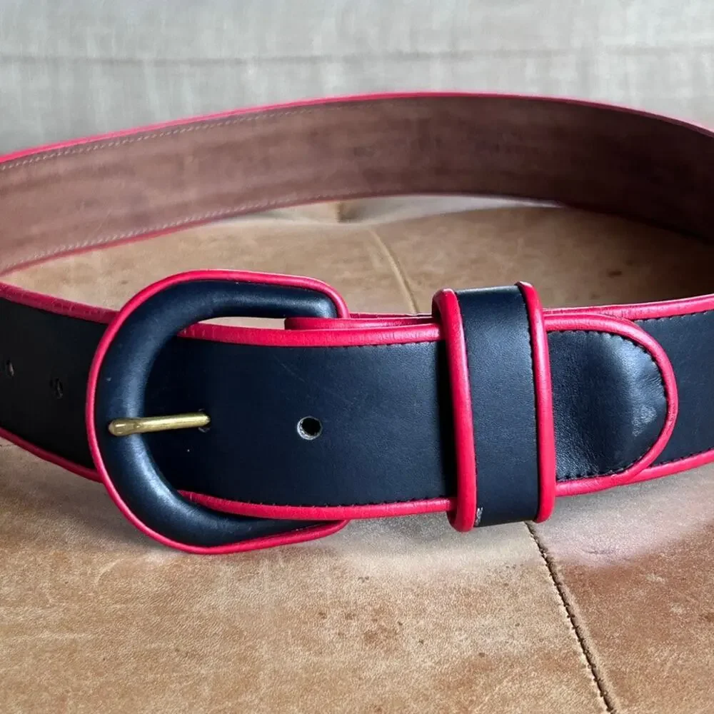 Vintage 90s Leather Belt Womens L Black Red USA Wide Statement Chunky 30